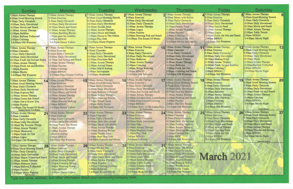 Memory Care March Calendar The Arbor Assisted Living & Memory Care Nacogdoches, TX