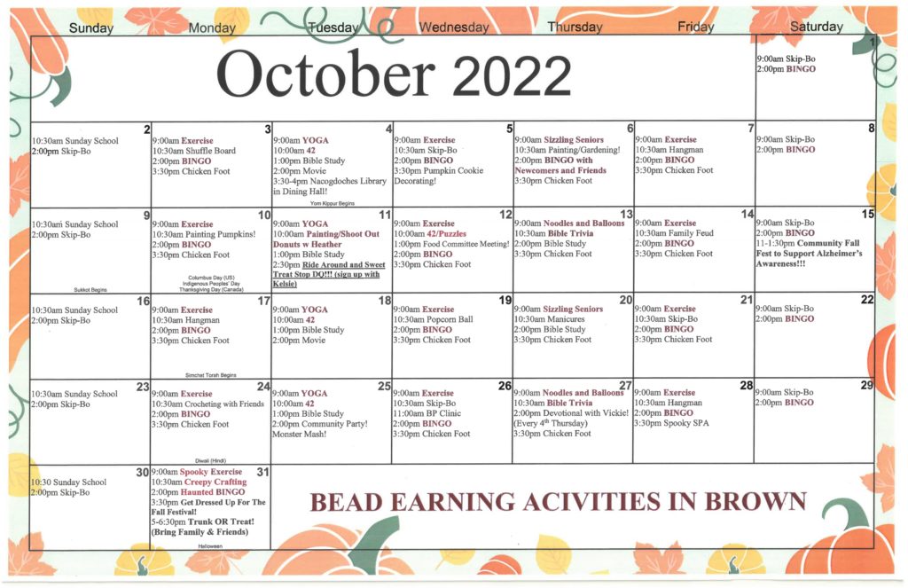 October Calendar Arbor