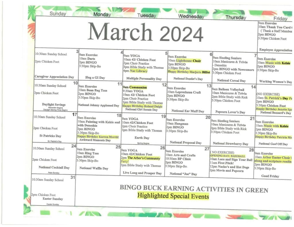 The Arbor AL Calendar March 2024